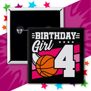 Bóton Quadrado 5.08cm Festa de basquete de 4 anos Garota de aniversário 