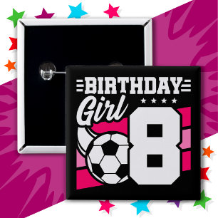 Bóton Quadrado 5.08cm Festa de futebol de 8 anos, 8ª garota de aniversár