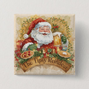 Bóton Quadrado 5.08cm Festa de Natal Britânica - Papai Noel no Pub