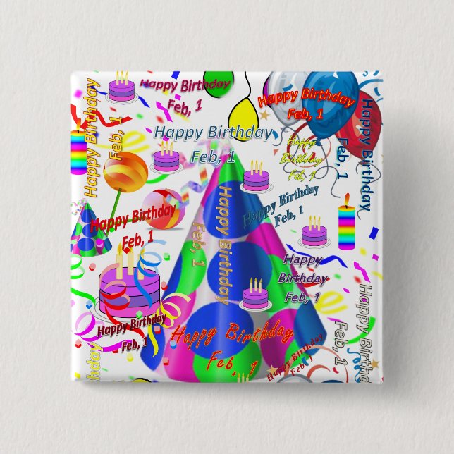 Bóton Quadrado 5.08cm Fevereiro, 1 Botão Praça de Aniversário (Frente)