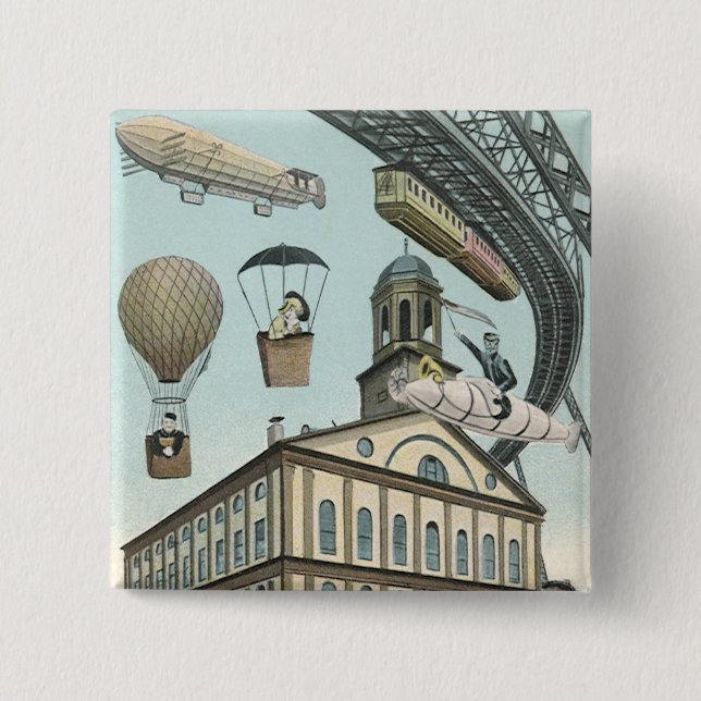 Bóton Quadrado 5.08cm Ficção científica retrô, cidade steampunk vitorian (Frente)