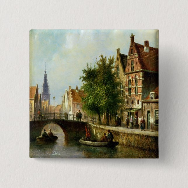 Bóton Quadrado 5.08cm Figuras em um canal, Amsterdão (óleo no painel) (Frente)