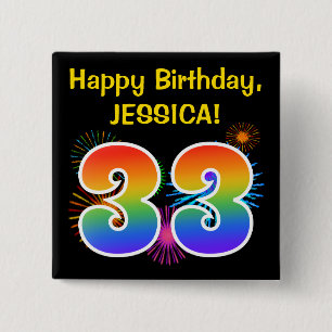 Bóton Quadrado 5.08cm Fireworks divertido + Rainbow Pattern "33" Anivers