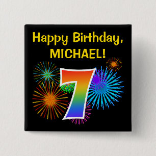 Bóton Quadrado 5.08cm Fireworks divertido + Rainbow Patterno "7" Anivers