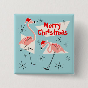 Bóton Quadrado 5.08cm Flamingo Santas Blue Merry Christmas