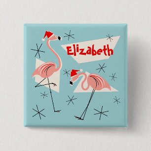 Bóton Quadrado 5.08cm Flamingo Santas Blue Name, quadrado