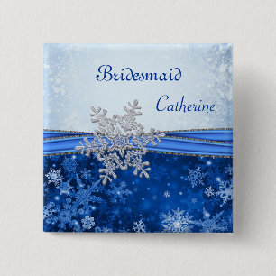 Bóton Quadrado 5.08cm Floco de neve de prata na dama de honra azul do