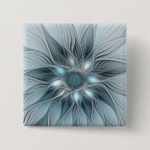 Bóton Quadrado 5.08cm Flor Abstrata Alegre Azul Cinza Fractal Floral