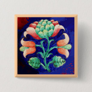 BÓTON QUADRADO 5.08CM FLOR COR-DE-ROSA ESTILIZADO, VERDE AZUL FLORAL