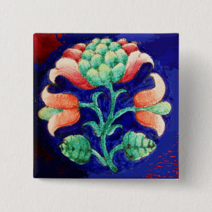 BÓTON QUADRADO 5.08CM FLOR COR-DE-ROSA ESTILIZADO, VERDE AZUL FLORAL