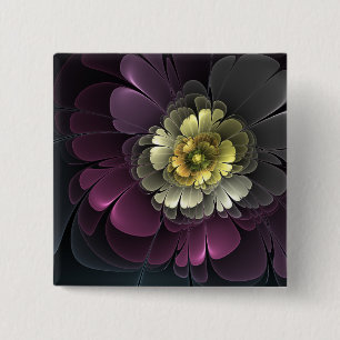 Bóton Quadrado 5.08cm Flor de Fractal Abstrato Moderno Purpur Khaki Cinz