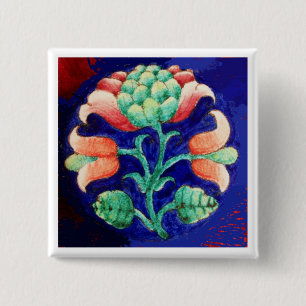 BÓTON QUADRADO 5.08CM FLOR DE ROSA ESTILIZADA, FLORAL AZUL VERDE