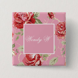 Bóton Quadrado 5.08cm Flor de rosa vermelha florescente de cereja