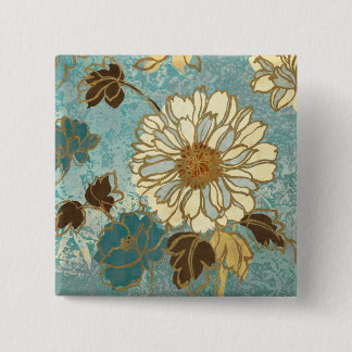Bóton Quadrado 5.08cm Floral decorativo em azul e em branco