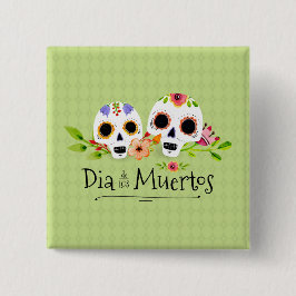 Bóton Quadrado 5.08cm Floral Sugar Skulls Dia de Muertos | Botao