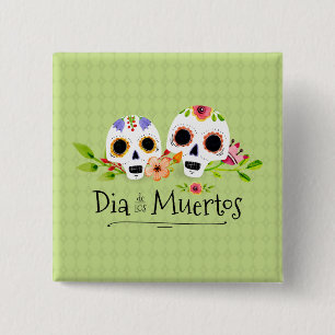 Bóton Quadrado 5.08cm Floral Sugar Skulls Dia de Muertos   Botao