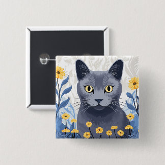 Bóton Quadrado 5.08cm Flores Amarelas do Gato Azul Russo