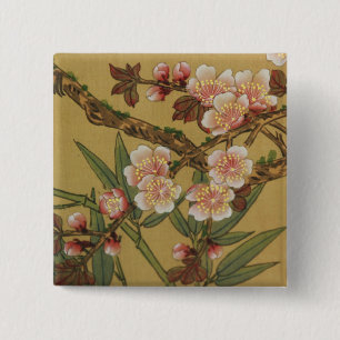 Bóton Quadrado 5.08cm Flores Asiáticas Japonesas de Cerejeira Vintage