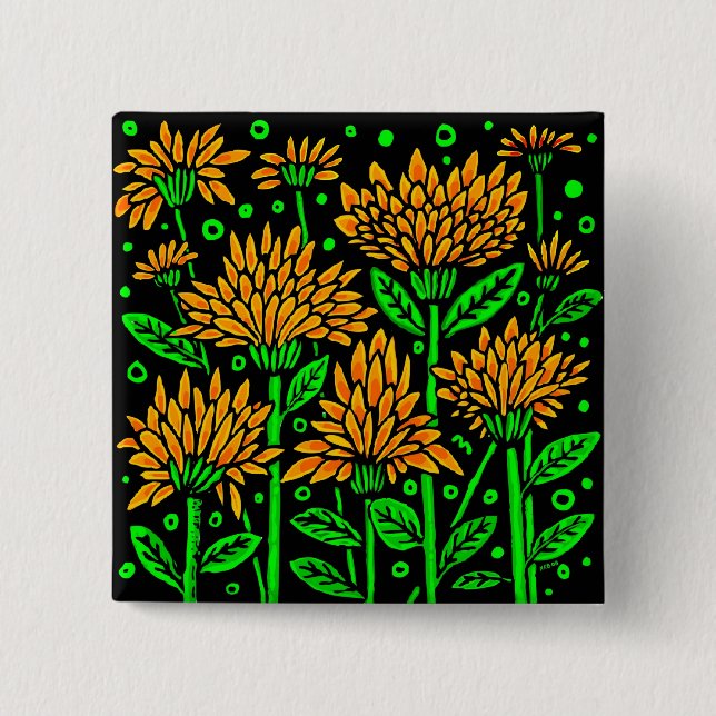 Bóton Quadrado 5.08cm Flores do Estilo Art Deco (Frente)