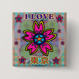 Bóton Quadrado 5.08cm Flores Kanji Botton "EU AMO TOKYO"