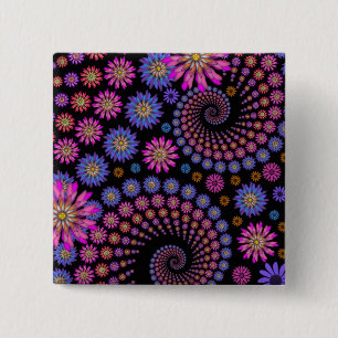 Bóton Quadrado 5.08cm Flores Laranja Roxo Rosa Brilhante no Preto