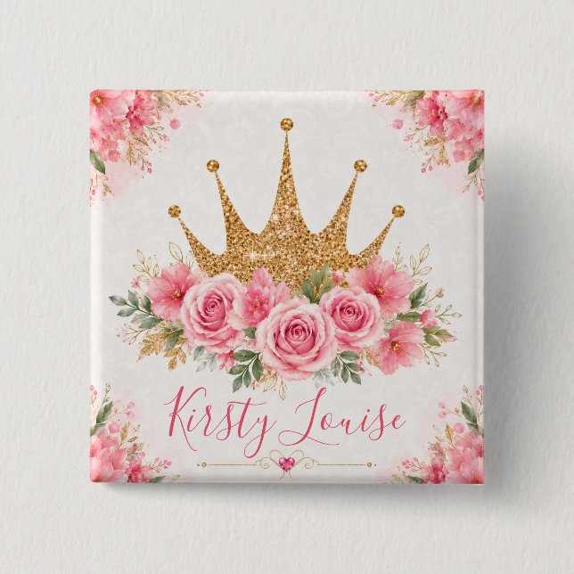 Bóton Quadrado 5.08cm Flores Rosa em Aquarela e Tiara Dourada (Frente)