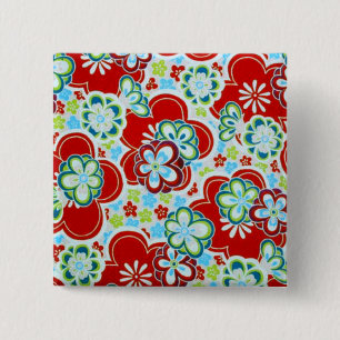 Bóton Quadrado 5.08cm Flores vermelhas, azuis, verdes & brancas