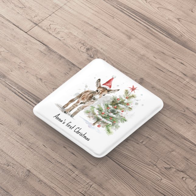 Bóton Quadrado 5.08cm fofo burro e árvore de natal, personalizável (Criador carregado)