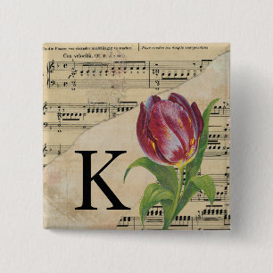 Bóton Quadrado 5.08cm Folha de Tulipas Roxa Monograma de Música Inicial