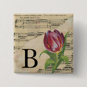 Bóton Quadrado 5.08cm Folha de Tulipas Roxa Monograma de Música Inicial