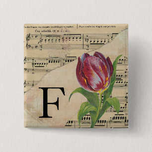 Bóton Quadrado 5.08cm Folha de Tulipas Roxa Monograma de Música Inicial