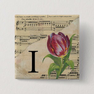 Bóton Quadrado 5.08cm Folha de Tulipas Roxa Monograma de Música Inicial