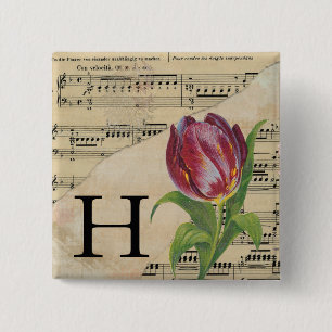Bóton Quadrado 5.08cm Folha de Tulipas Roxa Monograma de Música Inicial