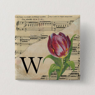 Bóton Quadrado 5.08cm Folha de Tulipas Roxa Monograma de Música Inicial
