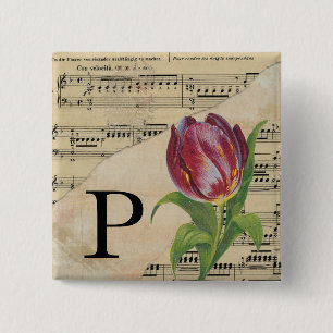 Bóton Quadrado 5.08cm Folha de Tulipas Roxa Monograma de Música Inicial