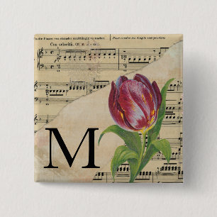 Bóton Quadrado 5.08cm Folha de Tulipas Roxa Monograma de Música M Inicia