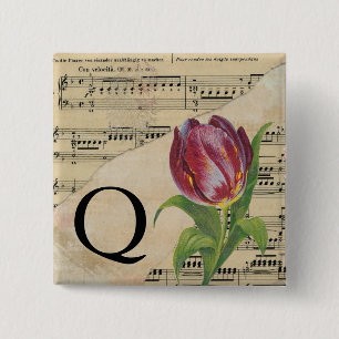 Bóton Quadrado 5.08cm Folha de Tulipas Roxa Monograma de Música Q Inicia