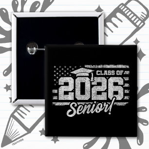 Bóton Quadrado 5.08cm Formatura da Turma de 2026 Bandeira Americana Seni