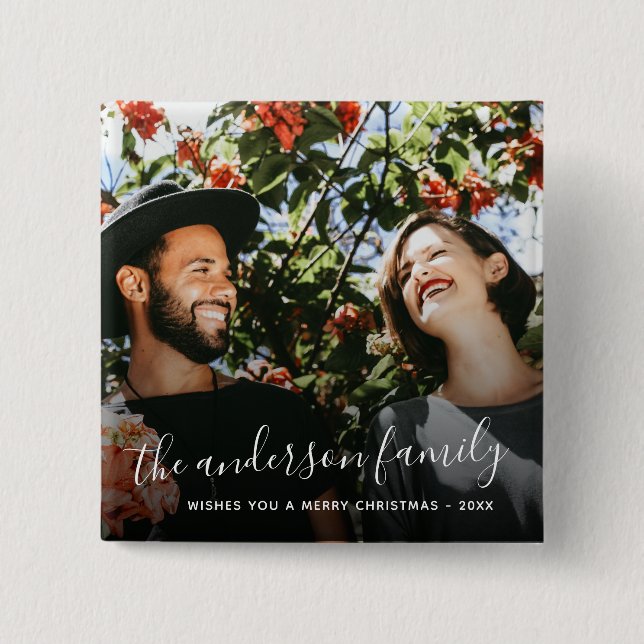 Bóton Quadrado 5.08cm Foto de Natal do Nome da Família White Script (Frente)