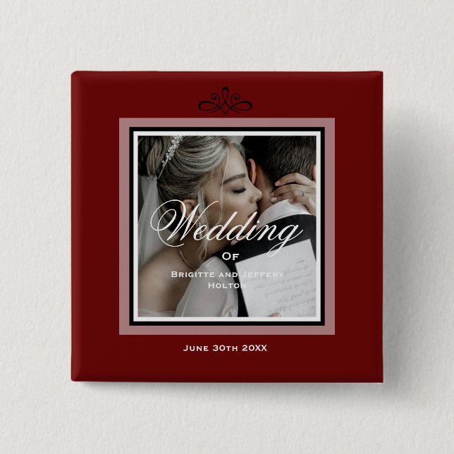 Bóton Quadrado 5.08cm Foto do casal de casamento do Burgundy Red (Frente)