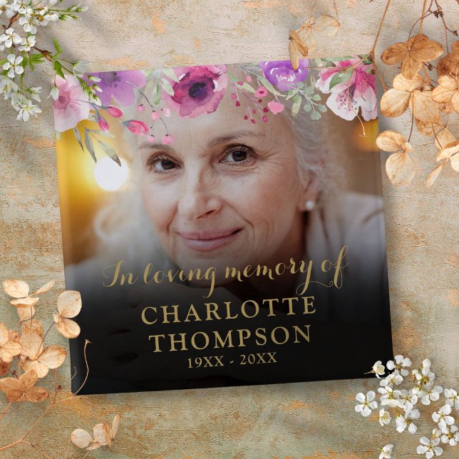 Bóton Quadrado 5.08cm Foto Funeral Em Memória Afetuosa (Floral In Loving Memory Funeral Photo Button)