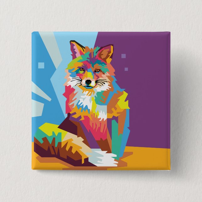 Bóton Quadrado 5.08cm Fox Retrato Colorido de Arte Pop (Frente)