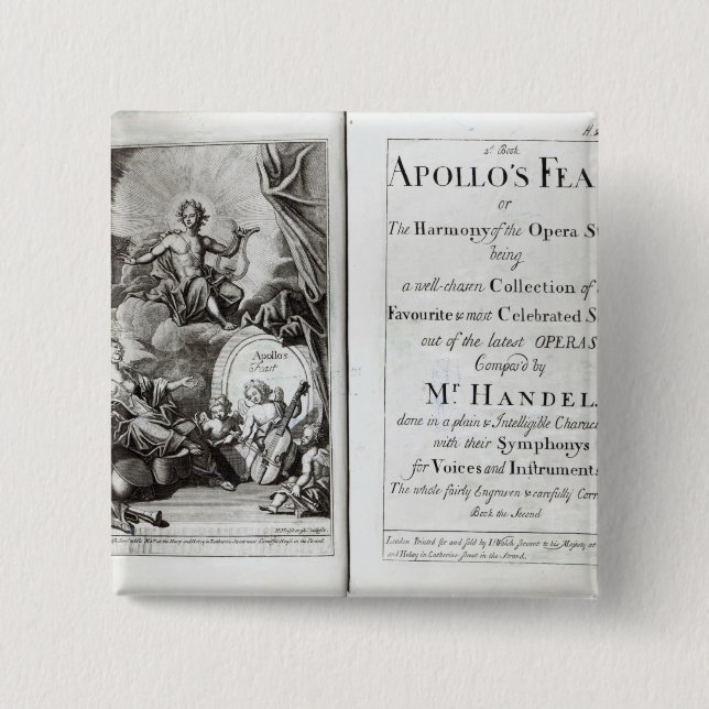 Bóton Quadrado 5.08cm Frontispiece para o banquete de Apollo, c.1734 (Frente)
