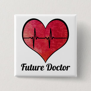 Bóton Quadrado 5.08cm Futuro Médico - Coração de EKG Aquarela Vermelha