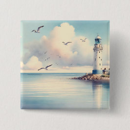Bóton Quadrado 5.08cm Gaivotas do Farol Costeiro Céu Pastel Serenidade