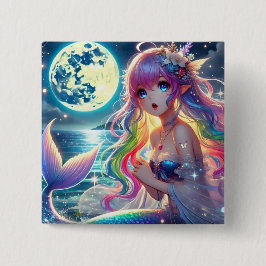 Bóton Quadrado 5.08cm Garota Anime Cantando Pixie Luar Sereia Arco-íris