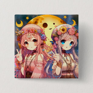 Bóton Quadrado 5.08cm Garota de Anime Hippie Lua Garotas Fazendo Sinal d