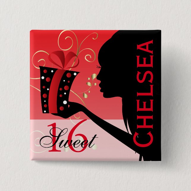 Bóton Quadrado 5.08cm Garota de aniversário de 16 anos (Frente)