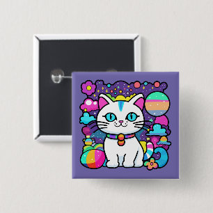 Bóton Quadrado 5.08cm Gatinho Espacial Branco Fofo
