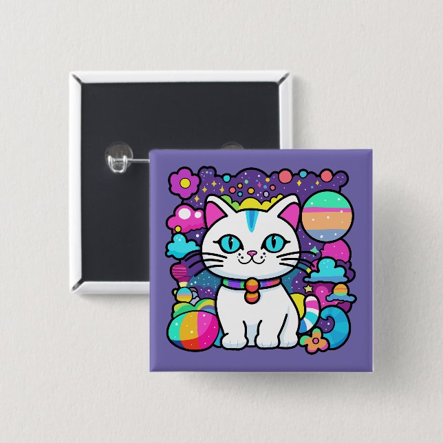 Bóton Quadrado 5.08cm Gatinho Espacial Branco Fofo (Frente & Verso)
